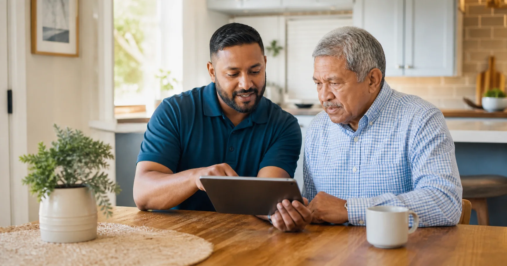 A patient SimpliSmart professional showing a homeowner how to use his tablet